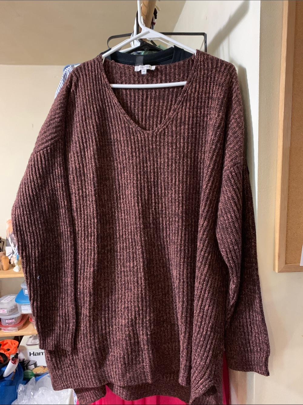 Oversized V-Neck Ribbed Sweater in Dark Brown Size 1X